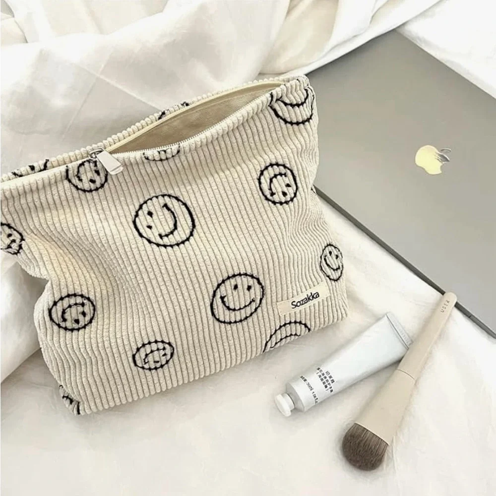 Corduroy Smiley Face Large Makeup Pouch Bag